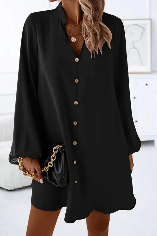 Women Solid Color V-Neck Long Sleeve Single Breasted A-Line Dress 