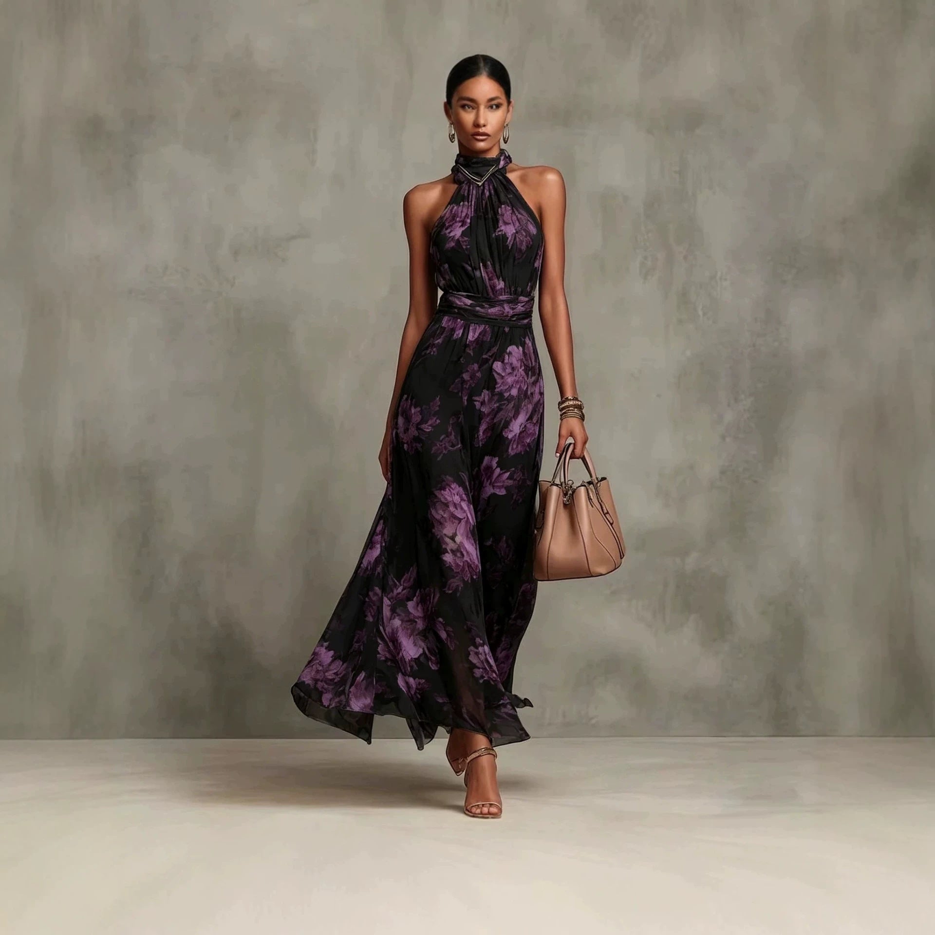 Neck-hanging Printed Chiffon Maxi Dress 