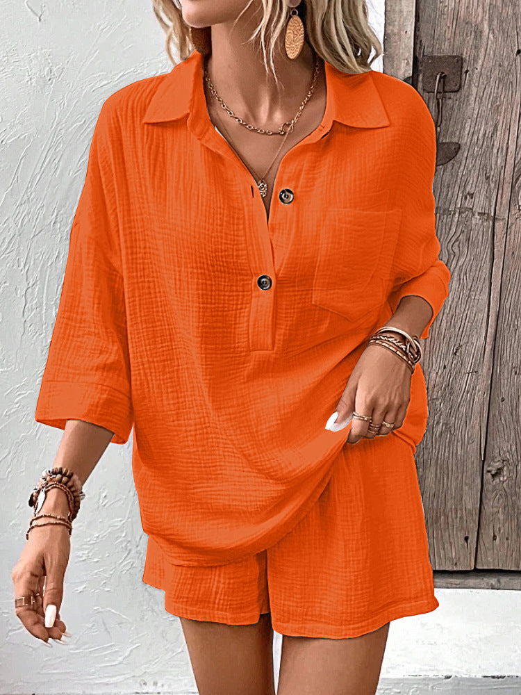 Casual Double-Panel Shirt With Lapel Collar Casual Two-Piece Set 
