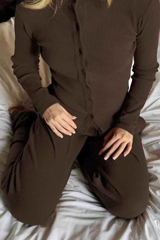 Half-high-neck Rib-knit Long-sleeve Cardigan And Button-front Trousers Set 