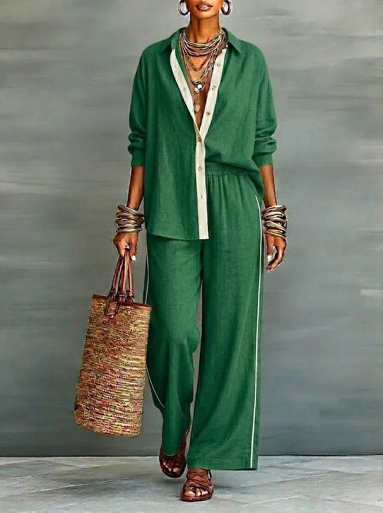 Contrast-color Casual Solid-color Loose Pants Two-piece Set 