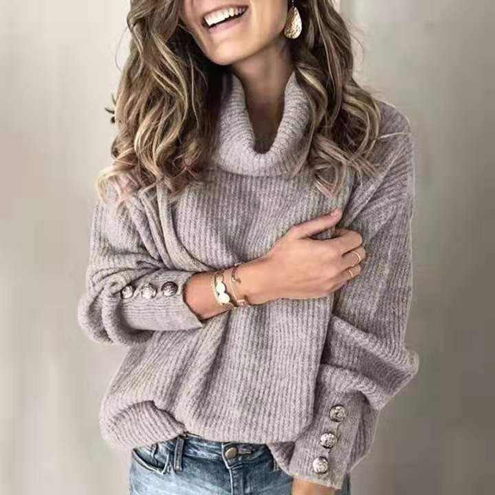 Women’s High Collar Knitted Sweatshirt – Long Sleeve Casual Pullover 