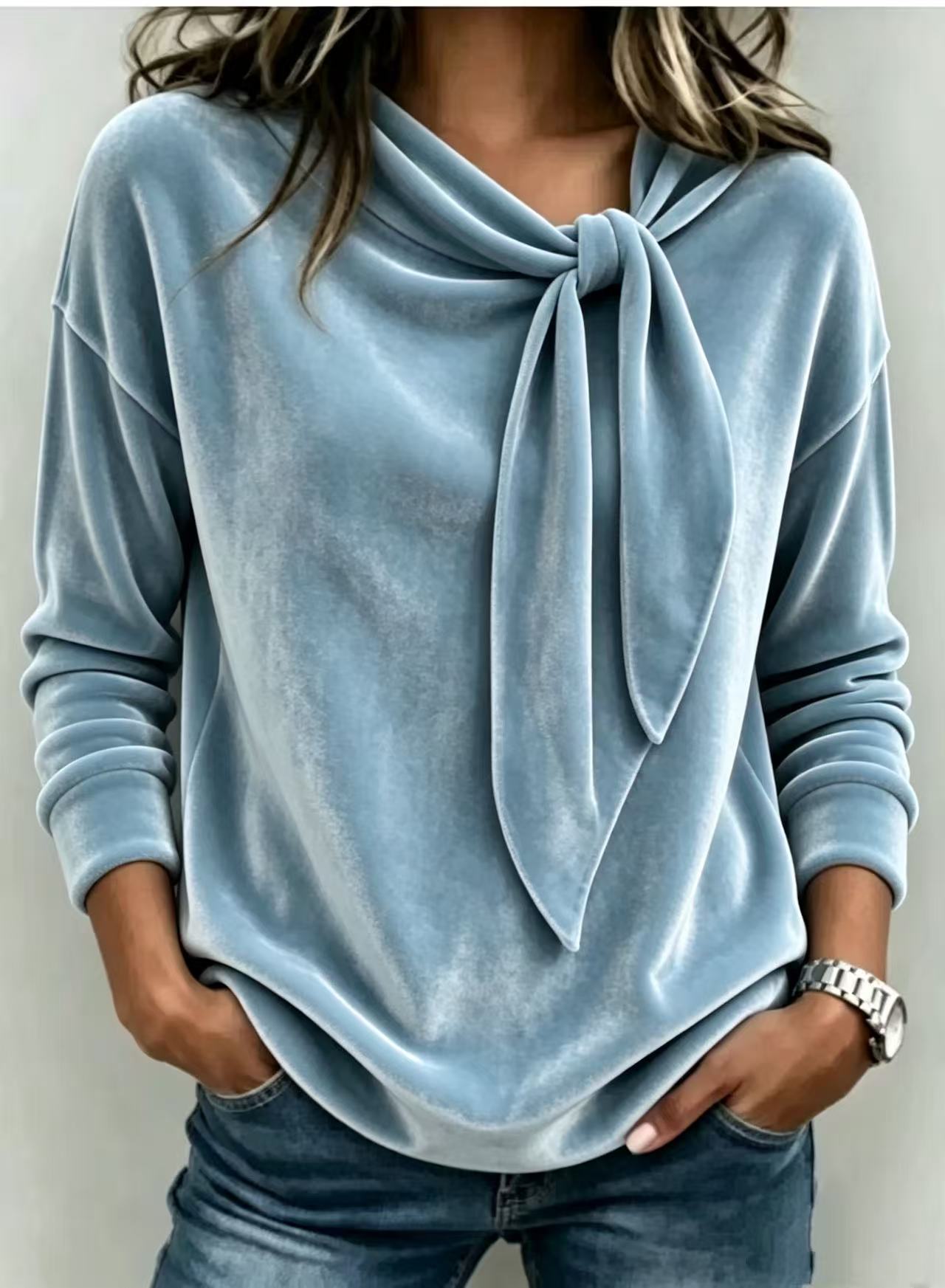Solid color long sleeved bow top 