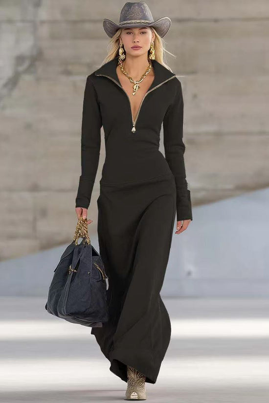 Zip Polo Collar Slim Long Dress, Women Long Sleeve Casual Dress 