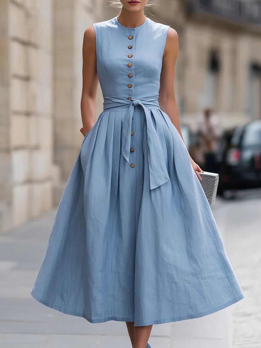 Fitted-waist, Sleeveless Cotton-linen Solid-color Maxi Dress 