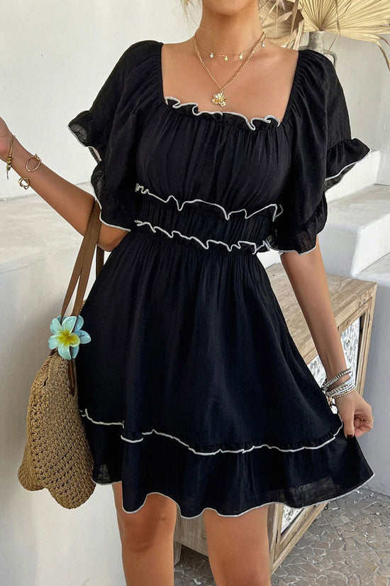 Womens French-style Square-neck Ruffled Short-sleeve Dress 