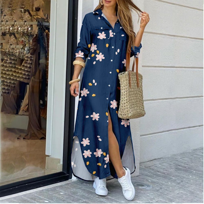 Lapel-collar Long Shirt Dress For Women 