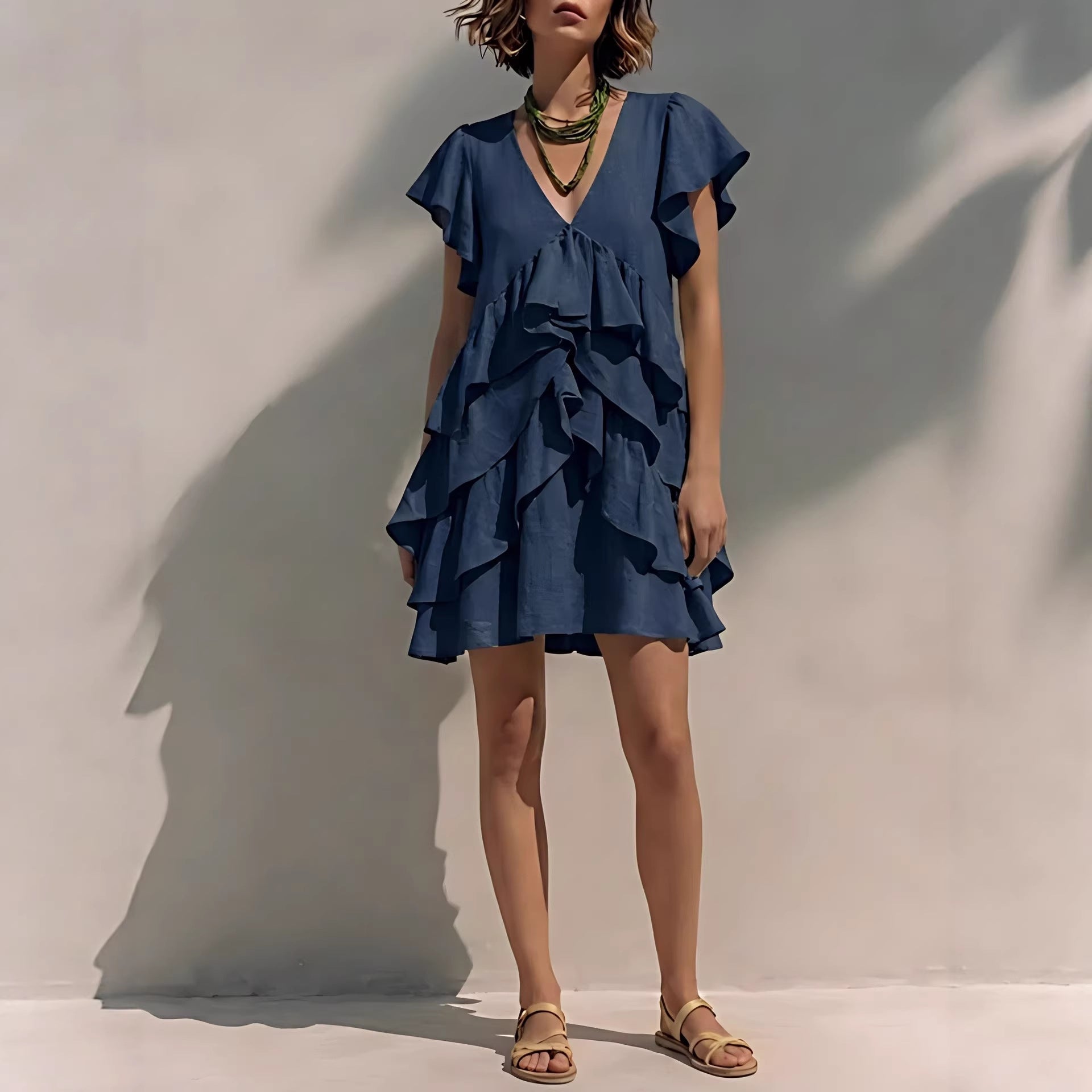 Women's V-Neck Ruffled-Edge Short-Sleeve Casual Loose Dress 
