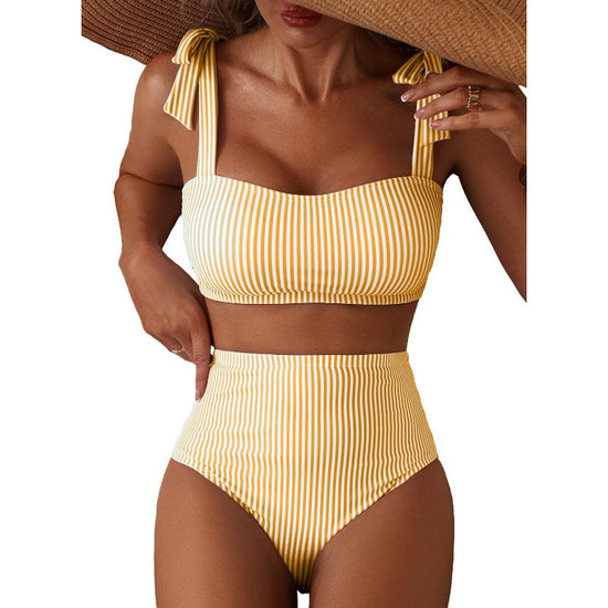 Women's Striped Bikini Set with Tie-Shoulder Design, High-Waisted Two-Piece Swimsuit 