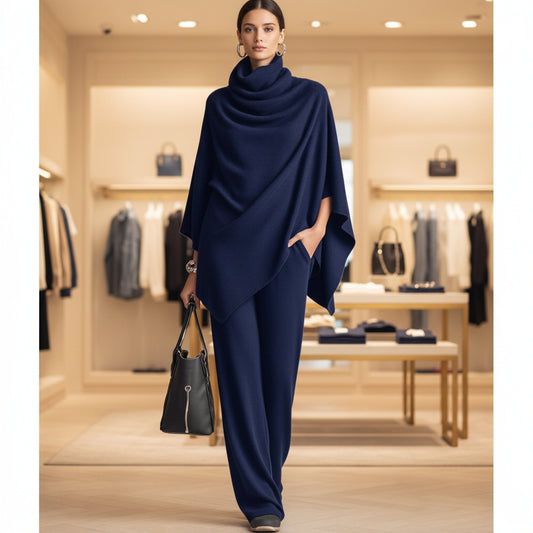 Autumn and Winter German Velvet Pile Collar Cloak Top+Wide Leg Pants Two Piece Set 