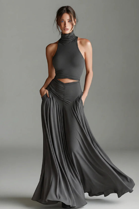 Style Sleeveless High Neck Top with Elegant Long Dress Two-Piece Set