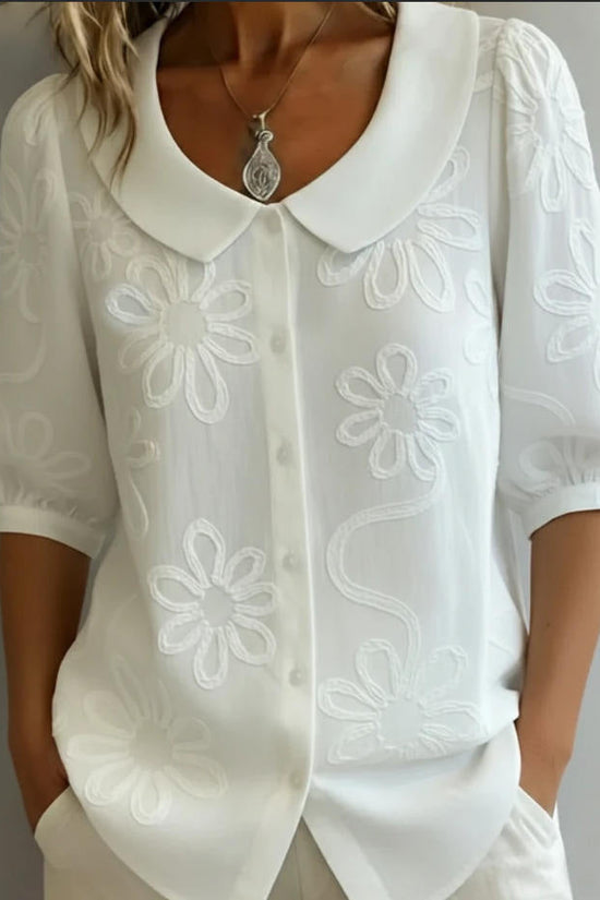 Loose-fit Retro Buttoned 3D Embroidered Floral Shirt 