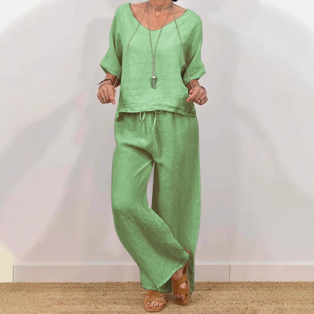 Womens Multi-Color Two-Piece Set Casual V-Neck Pullover With Three-Quarter Sleeves And Extended Pants 