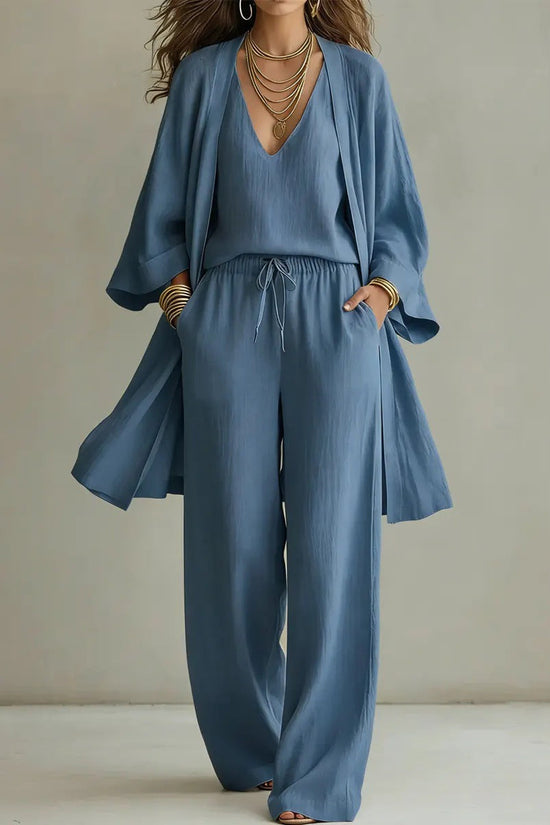 Womens Solid Color V-Neck Cardigan Vest With Pockets And Long Pants Three-Piece Set 