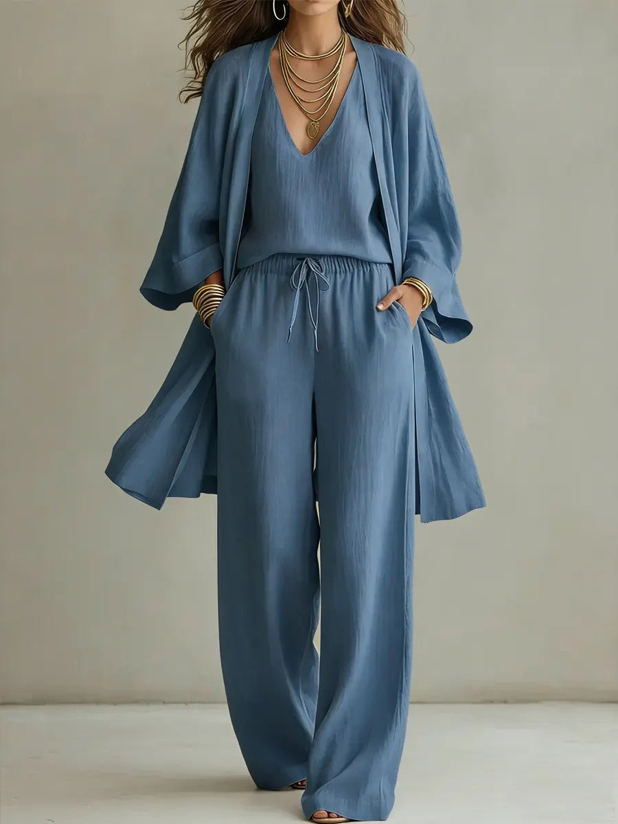 Womens Solid Color V-Neck Cardigan Vest With Pockets And Long Pants Three-Piece Set 