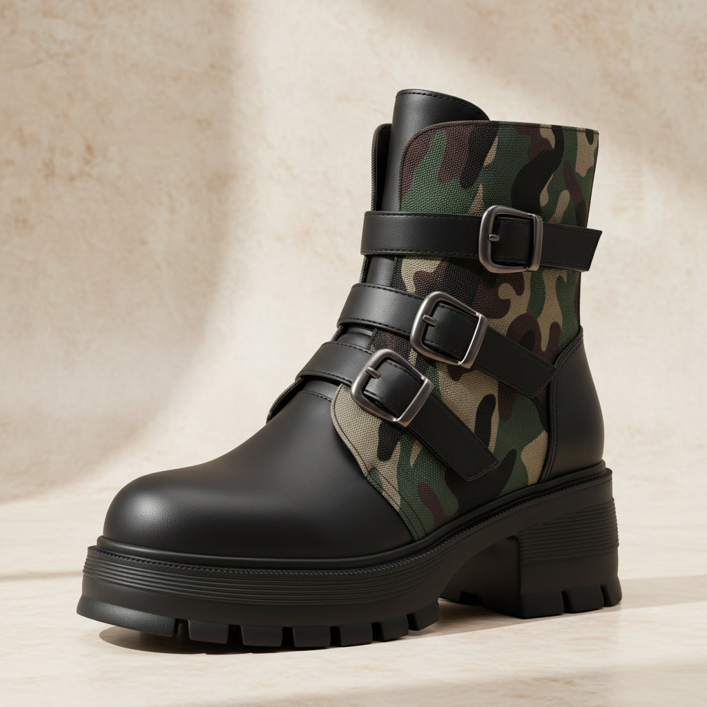 High Heel Thick Sole Belt Buckle Camouflage Low Cut Women's Boots Fashionable Large Made to order, ships in 7 days 
