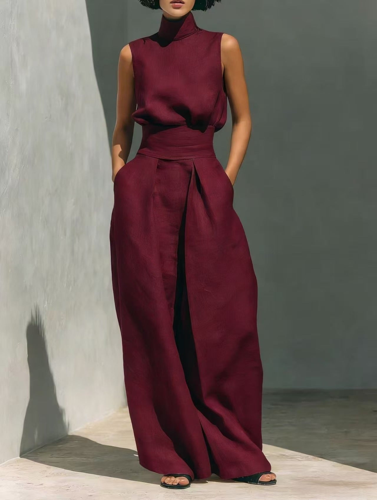 Women’s Cotton Linen Two-Piece Set – Sleeveless Top & Wide-Leg Pants 
