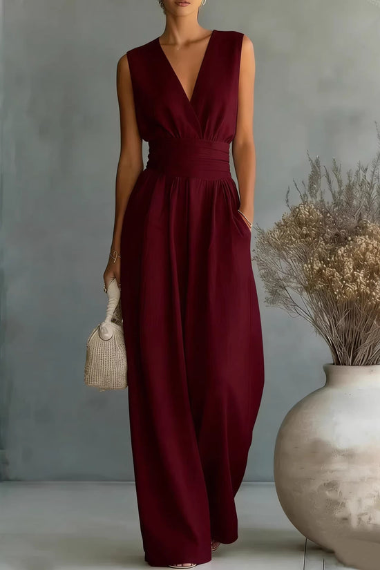 Womens Elegant Sleeveless Waist-Cinching V-Neck Sophisticated Jumpsuit 