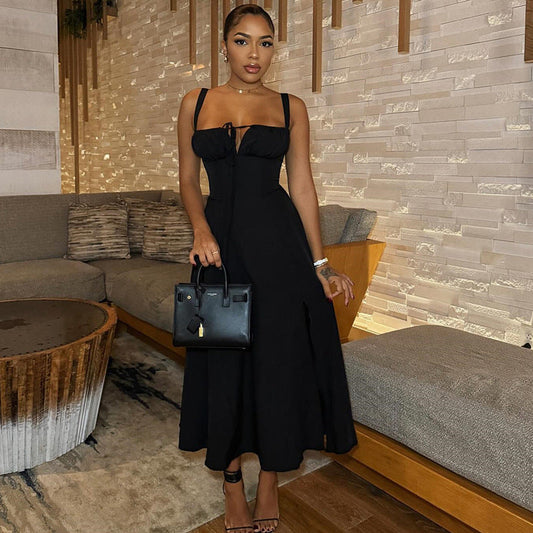 Womens Solid-Colored Bustier Slit Lace-Up Casual Dress 