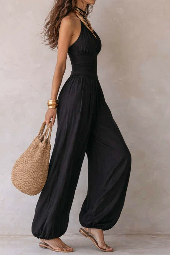 Sleeveless hanging neck backless high waisted jumpsuit 
