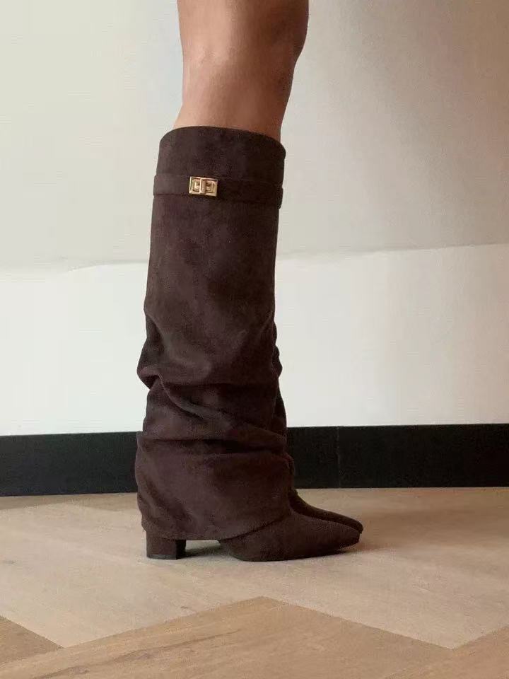 Pointed Toe Straight Tube Pleated Metal Buckle Mid-Calf Boots for Women, Chunky Heel Pipe Boots, Wide Size Available 