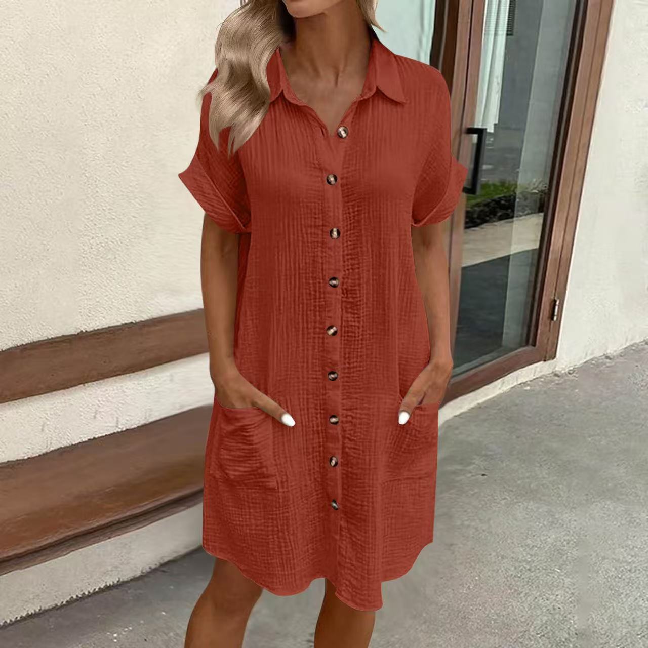 Casual Solid-Color Single-Breasted Mid-Length Short-Sleeve Dress 