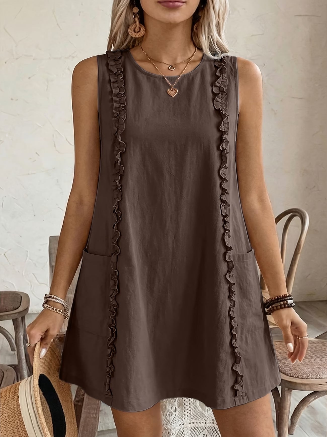 Women's Solid-Color Ruffle-Trimmed Dress 