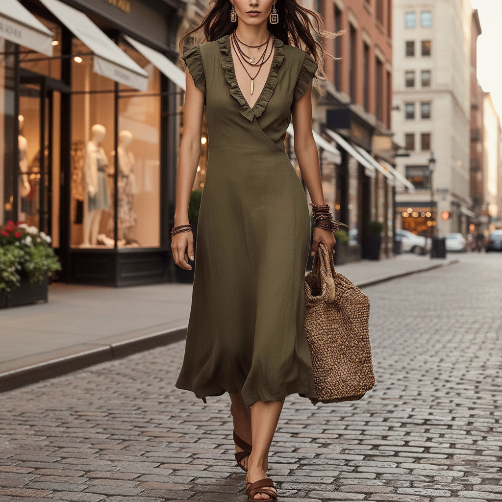 V-neck Cotton-Linen Flutter Sleeve Ruffle-trimmed Midi Dress For Women 