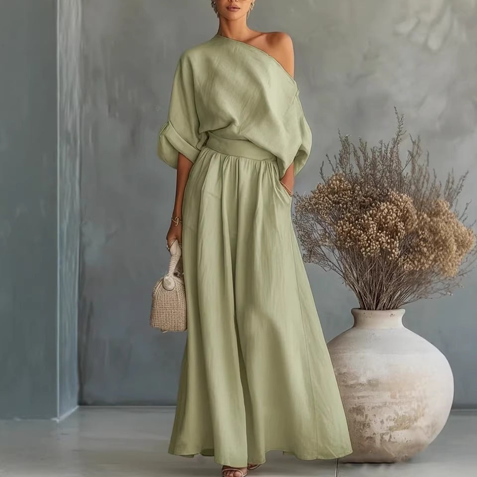 Cropped Off-shoulder Top And Pants Two-piece Set 
