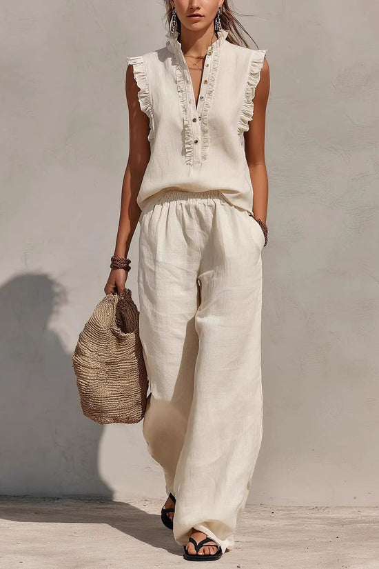 Sleeveless Ruffled V-neck Top And Elastic-waist Wide-leg Pants 