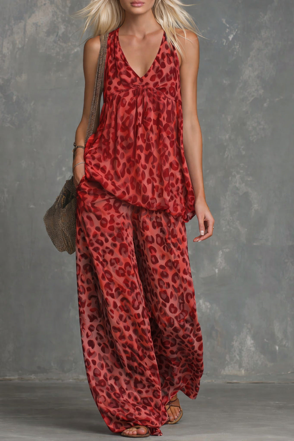 Womens Loose-Fitting Leopard-Print Sleeveless Top And Chiffon Pants Set 