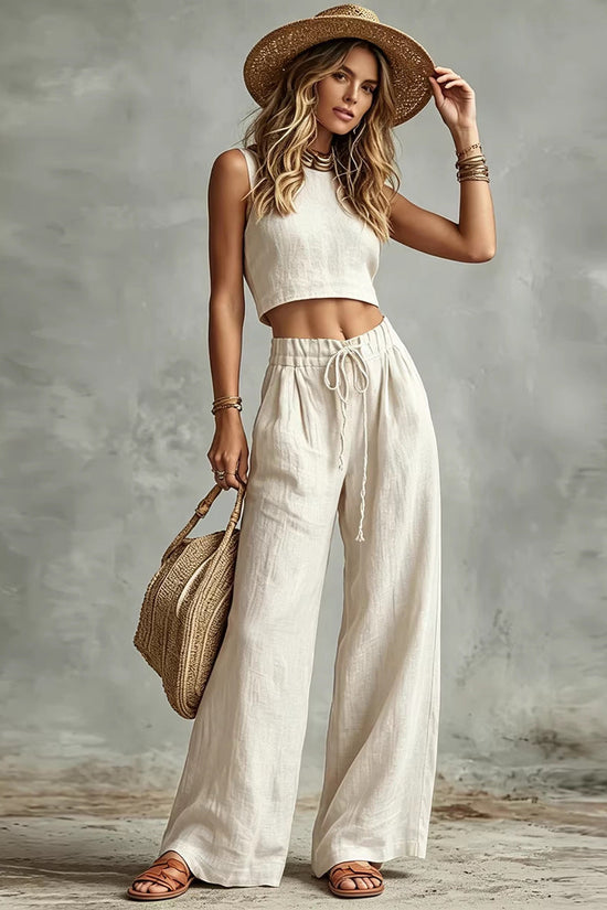 Vest Drawstring High-Waist Wide-Leg Pants Two-Piece Set 