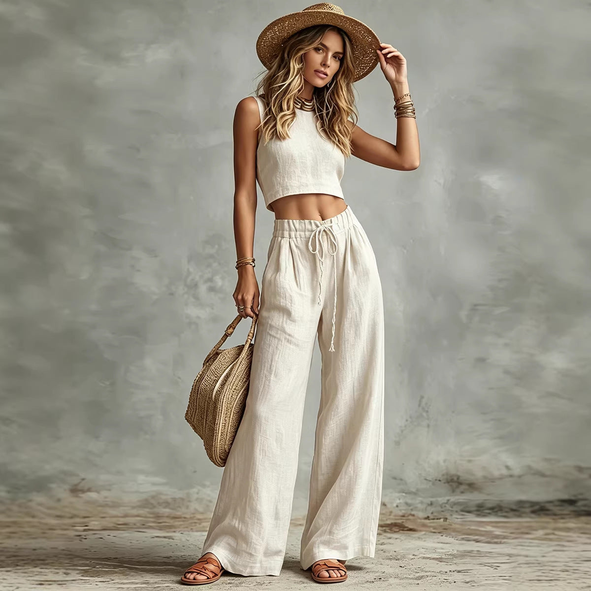 Vest Drawstring High-Waist Wide-Leg Pants Two-Piece Set 
