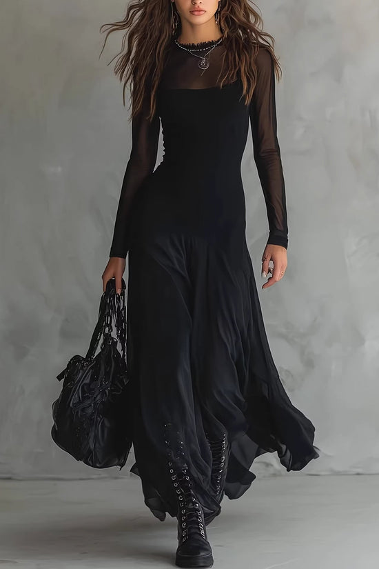 Elegant women's black see through mesh long sleeved dress 