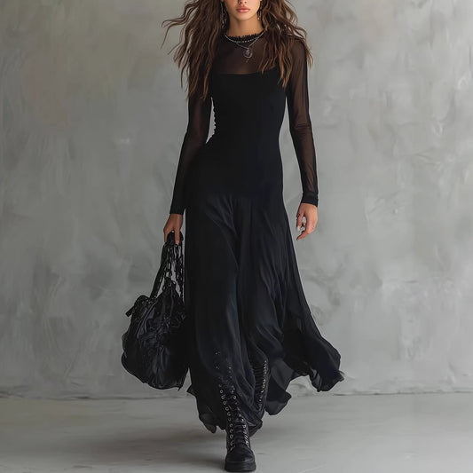 Elegant women's black see through mesh long sleeved dress 