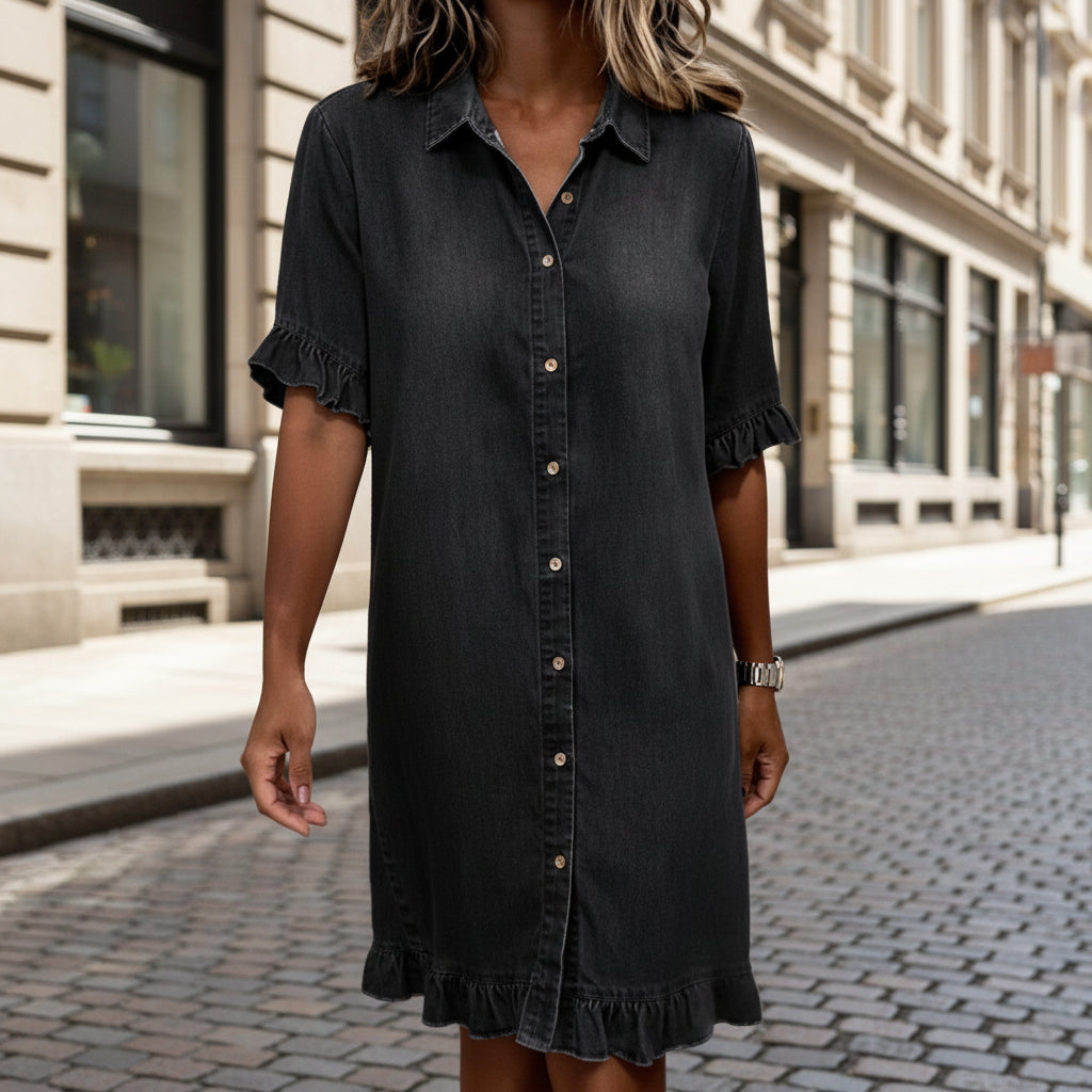 Solid-color Faux Denim Ruffled-edge Shirt Dress 