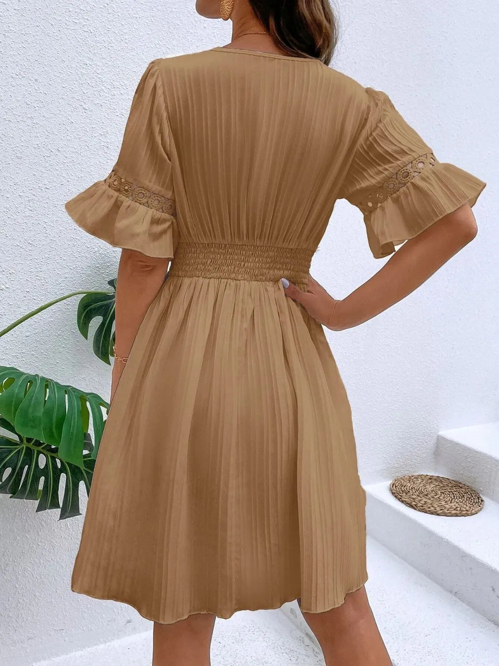 Cutout V-Neck Flounce Sleeve Mini Dress 