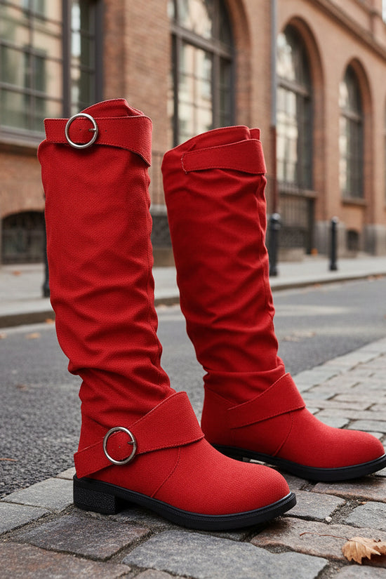 Pleated Flat-bottom Western Cowboy Boots For Women With Belt Buckle 