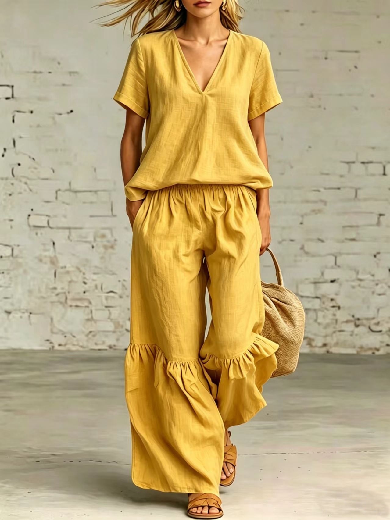 Womens Casual Solid Color V-Neck Loose Short-Sleeve Pants Set 