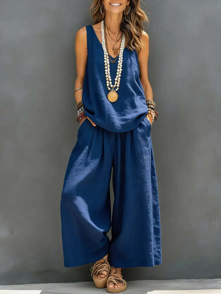 Womens Solid-Colored Casual Sleeveless Tank Top And Wide-Leg Pants Cotton-Linen Set 