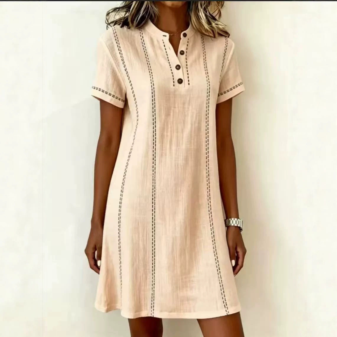 Loose-fitting Casual Printed Button-up Stand-collar Dress 