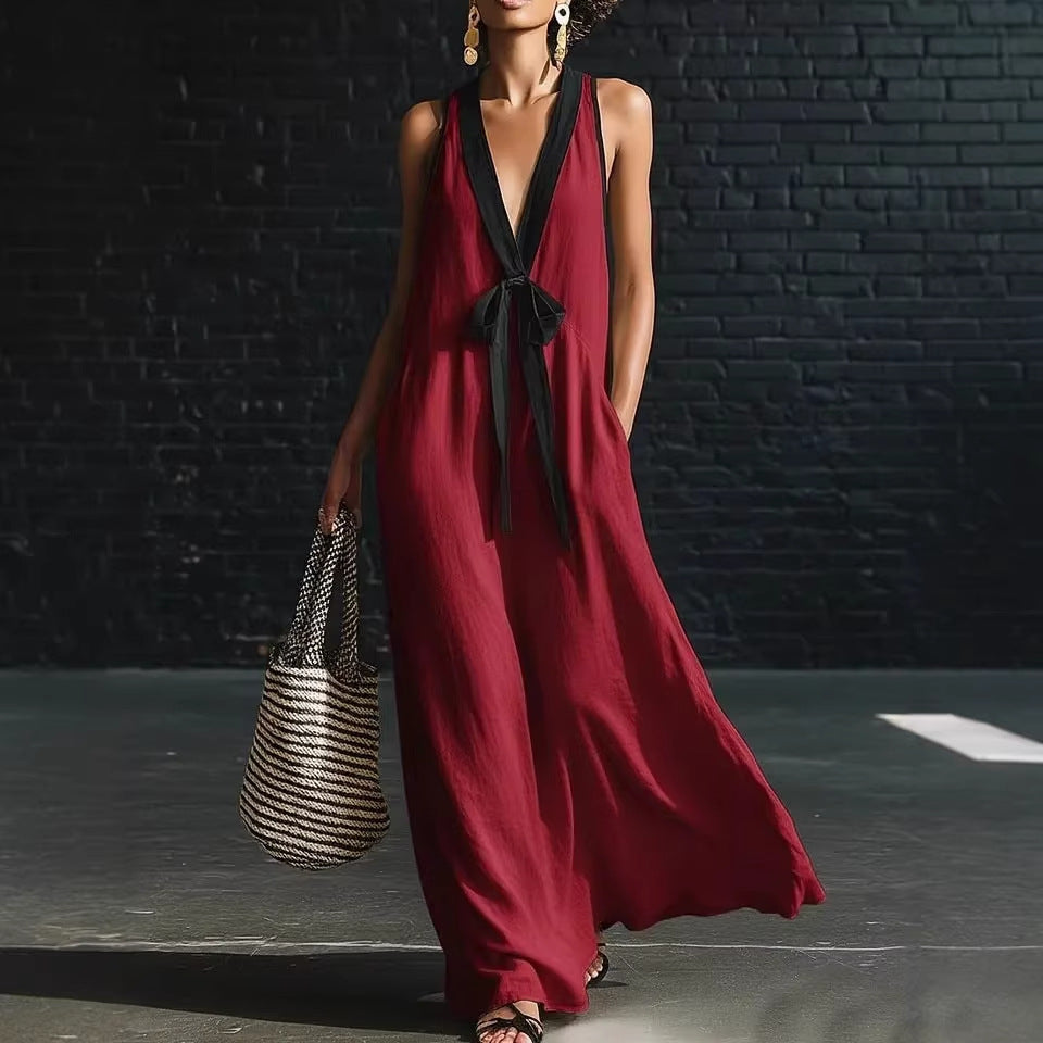 V-neck Strapless Sleeveless Resort-Style Long Simple Elegant Dress 