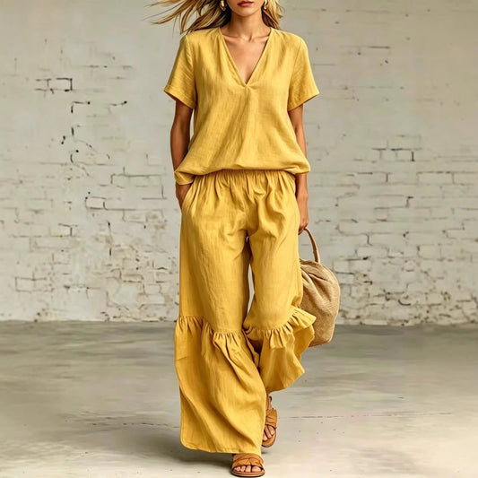 Womens Casual Solid Color V-Neck Loose Short-Sleeve Pants Set 