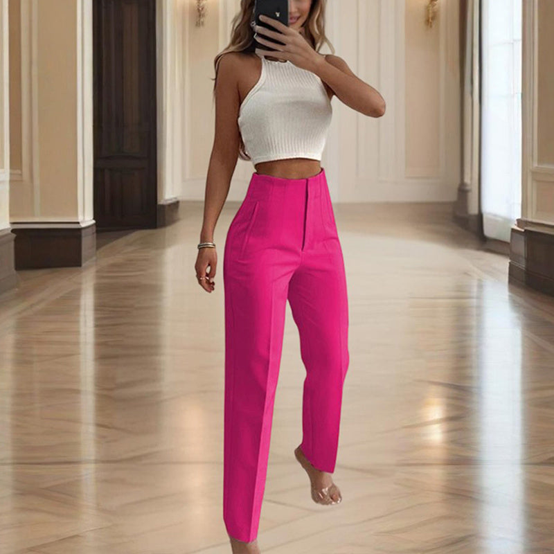 Women's High-Waisted Straight Leg Pants Casual Solid Color Pants With Button & Zipper Detail Comfortable Trousers With Pockets CJ US