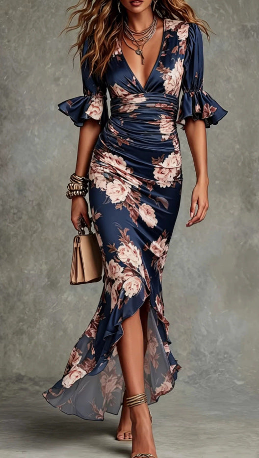 Elegant Long Dress with V-Neck, Fitted Silhouette, Floral Print and Ruffle Hem 