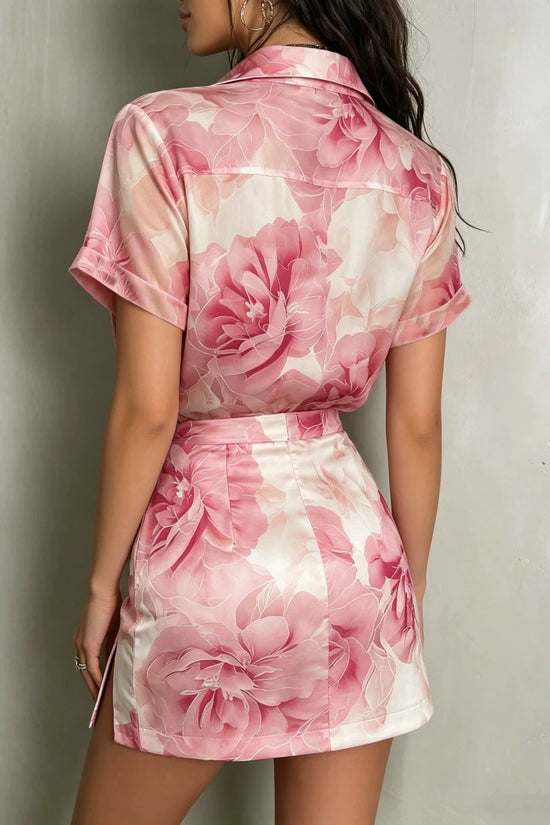 Rose print short sleeved slim slit set short skirt 