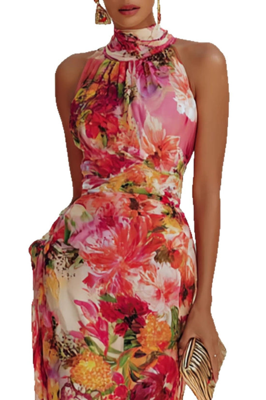 Elegant Floral Strapless Sleeveless Fitted Chiffon Dress 