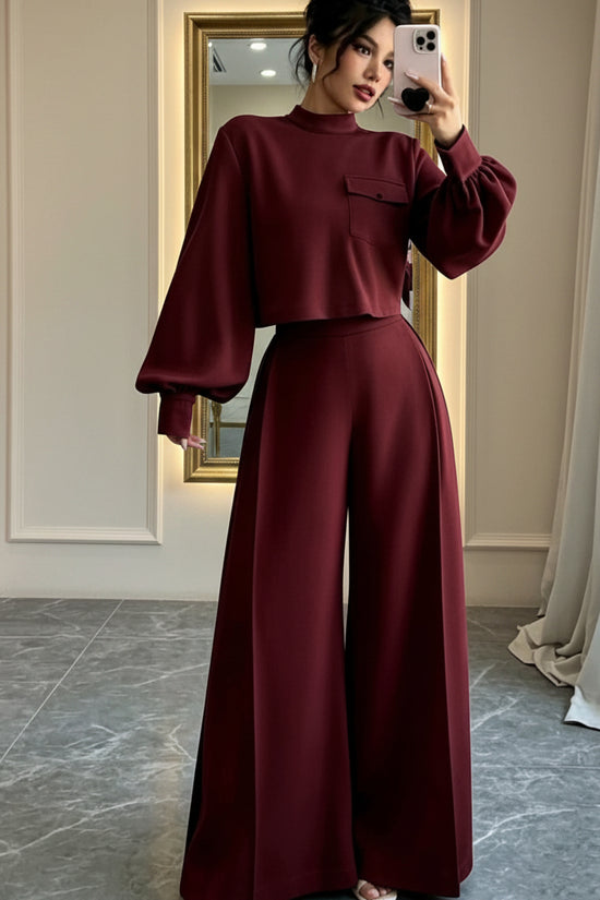 Solid color wide leg pants set for women 