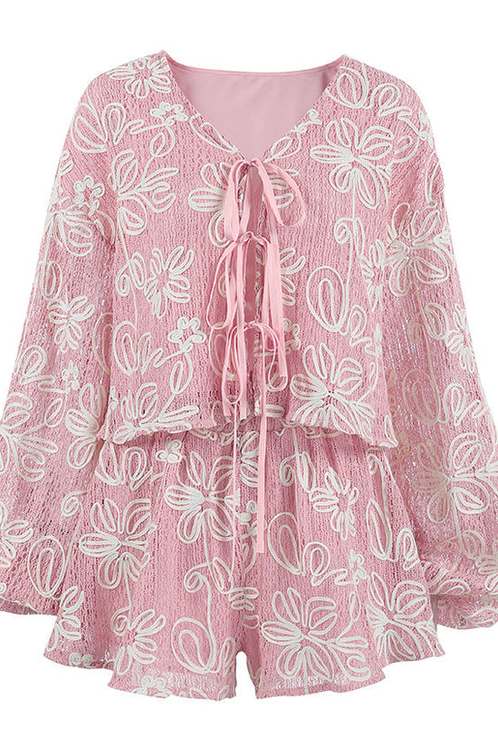 V-neck long sleeved lace up top and shorts two-piece set 