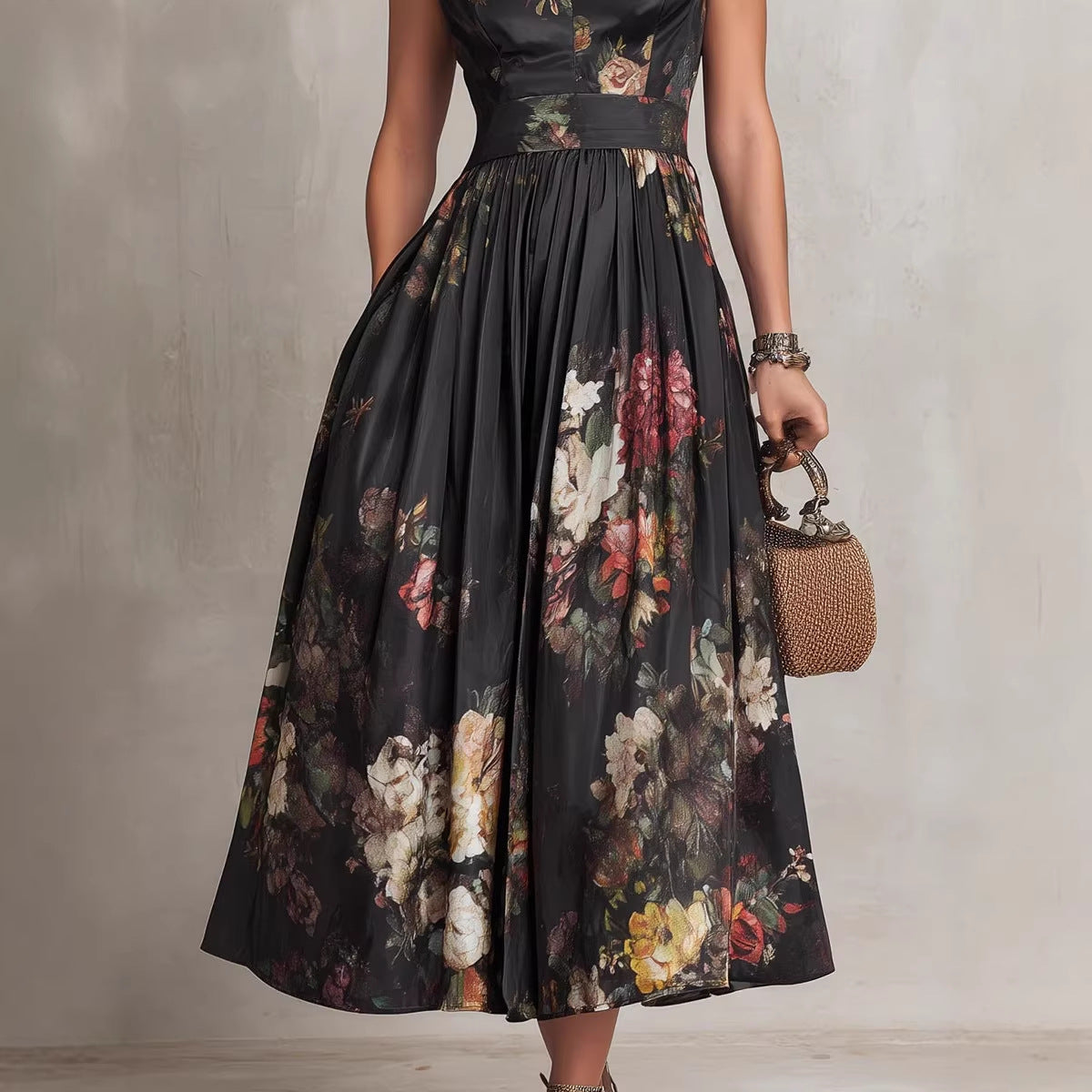 Sleeveless black digital printed long skirt 